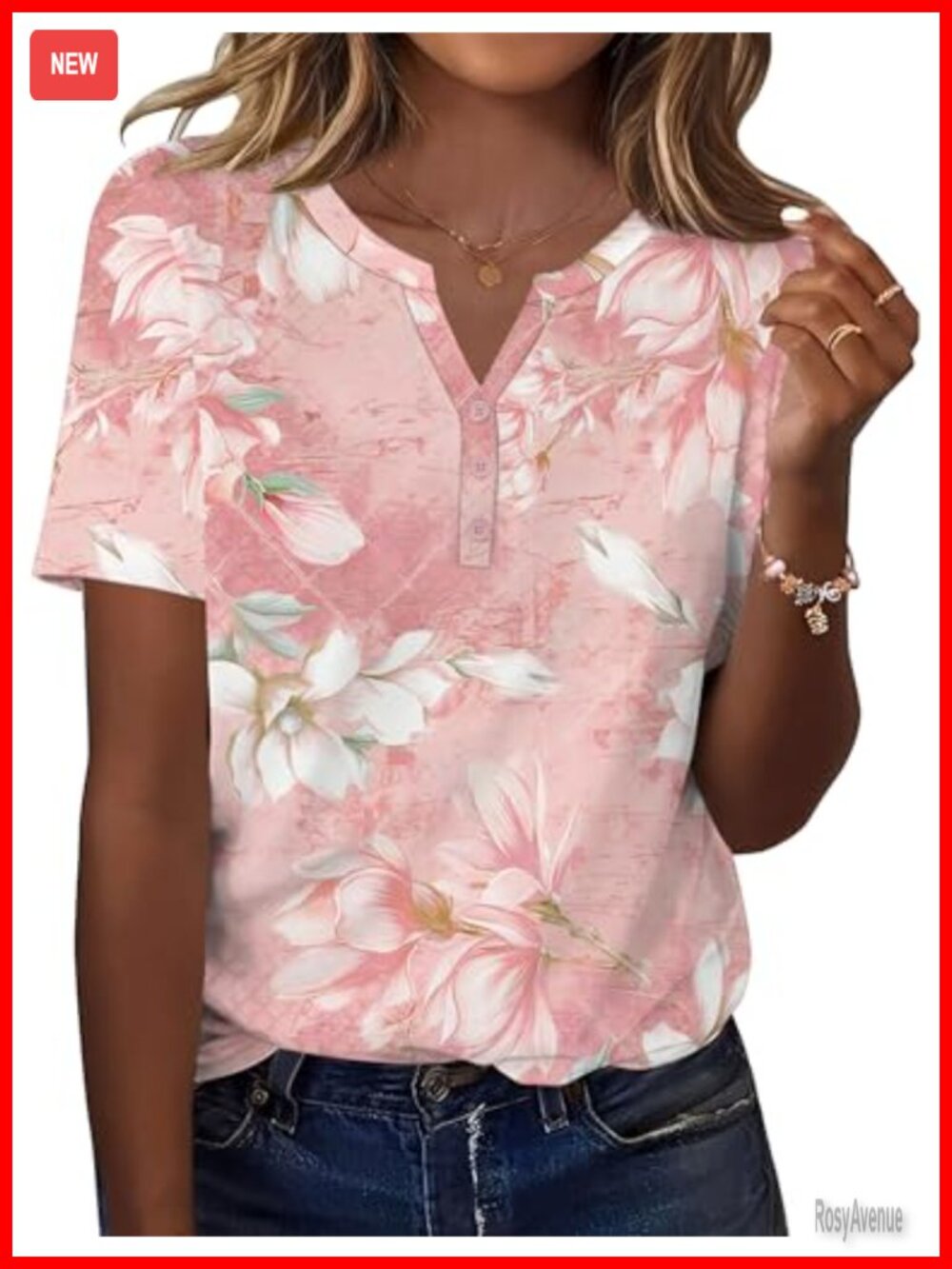 Women's Short Sleeve V-Neck Button Tunic Blouse - Stretchy Lightweight